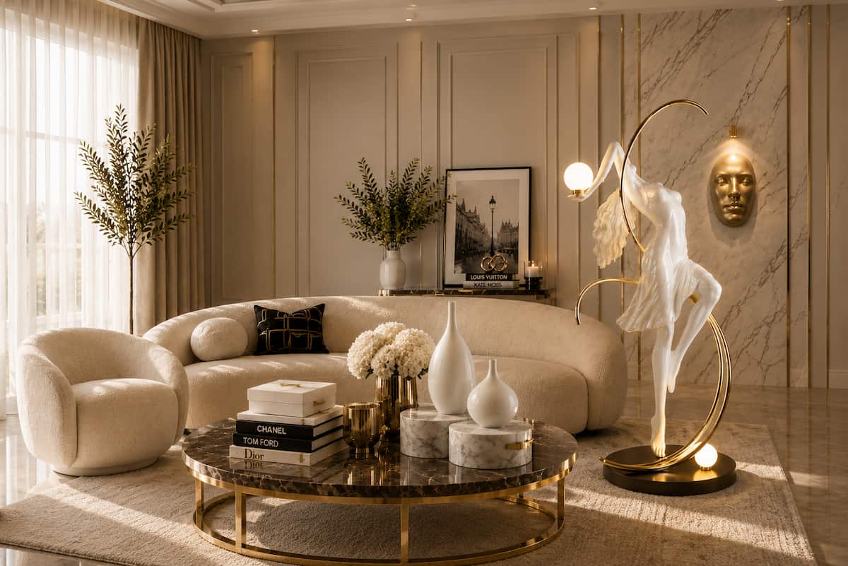 Luxury modern living room decor with cream sofa, gold accents and artistic floor lamp